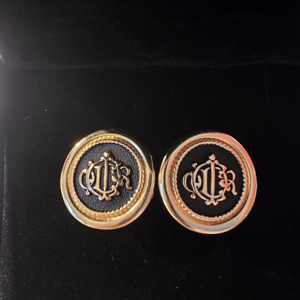 Christian Dior Emblem Logo Clip On Earrings Gold Plated Black D2.1cm Vintage